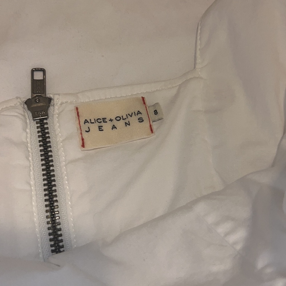 ALICE + OLIVIA - MARYANN TIE SHOULDER MINI DRESS - White Jean Dress Jumper - Picture 10 of 12